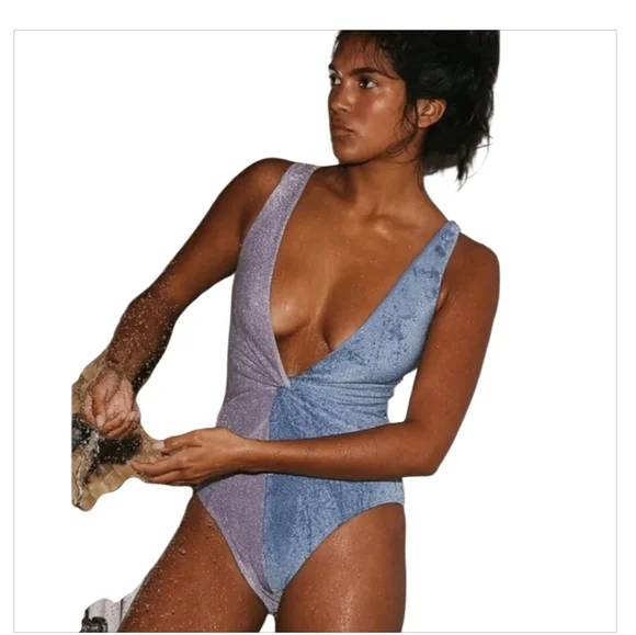 Free People × Juillet Olivia Plunging Neckline One-Piece Metallic Swimsuit Sz XS - Picture 3 of 11